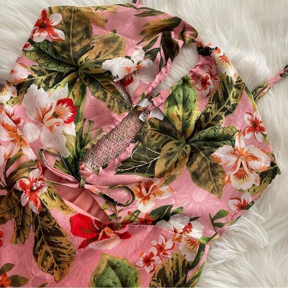 NSR Tropical Cut Out Print Pink Silky Lace Up Maxi Dress M - Picture 5 of 9